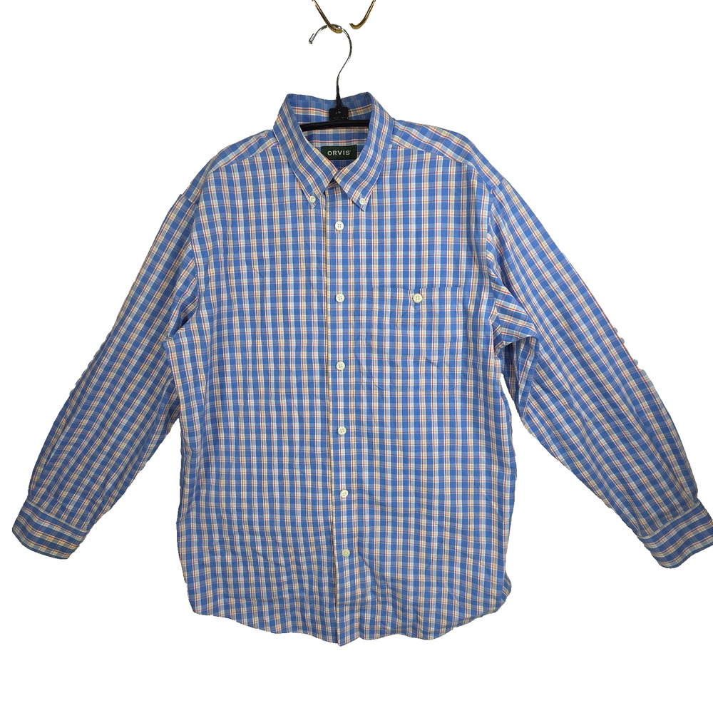 Orvis Plaid Flannel Button Up Shirt Blue Medium Long Sleeve Cotton Business